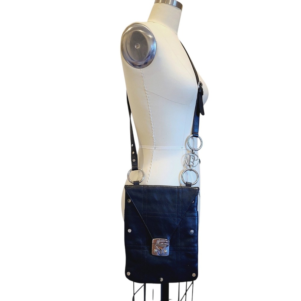 Bolzano Black Leather Crossbody Bag Silver Ring Hardware Studs Purse